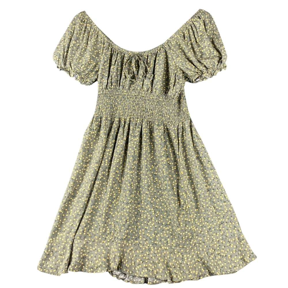 Liberty Love Mini Dress M Olive Green Yellow Ditsy Floral Smocked Bodice Rayon